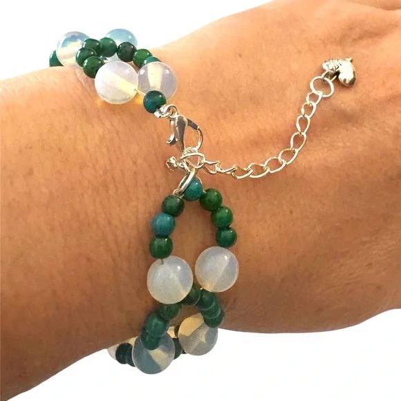 Opalite and Crysocolla Hand Beaded Bracelet with Adjustable Sizing Closure. - Picture 4 of 9